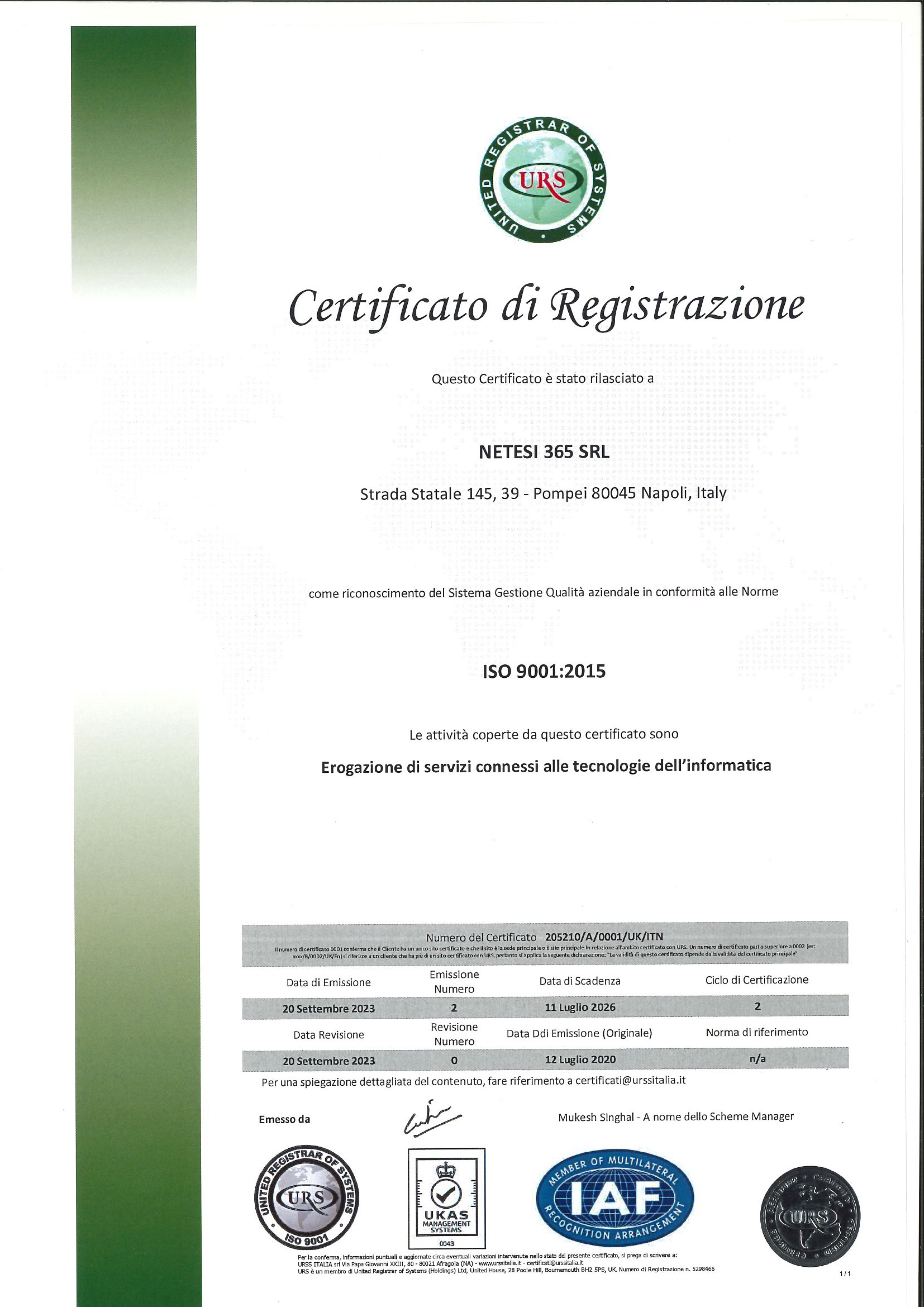 Certficazione UNI EN ISO 9001 : 2015 Netesi 365 SRL